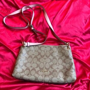 Coach Mia Signature Tan Pink Coated Canvas Leather Crossbody 3 compartments